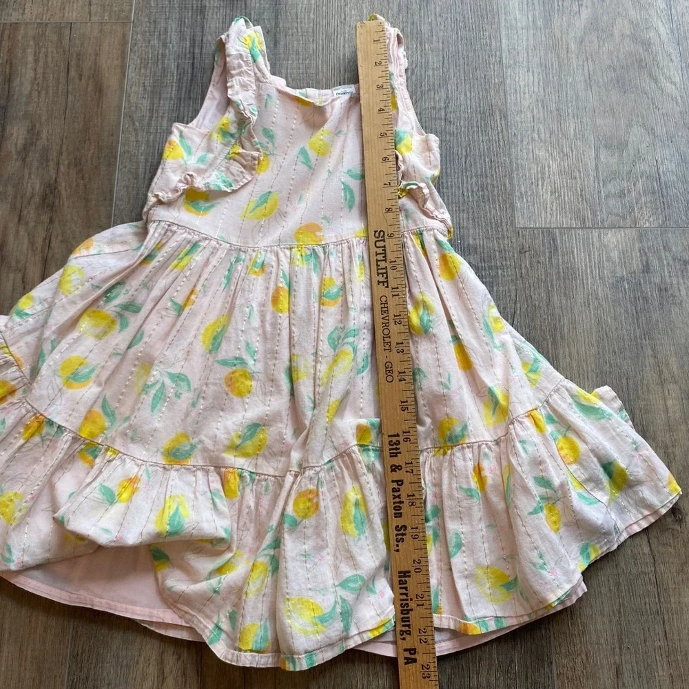 OshKosh Bgosh Girls 5T Pink Lemon Print Tiered Ruffle Dress Gold Metallic Stripe